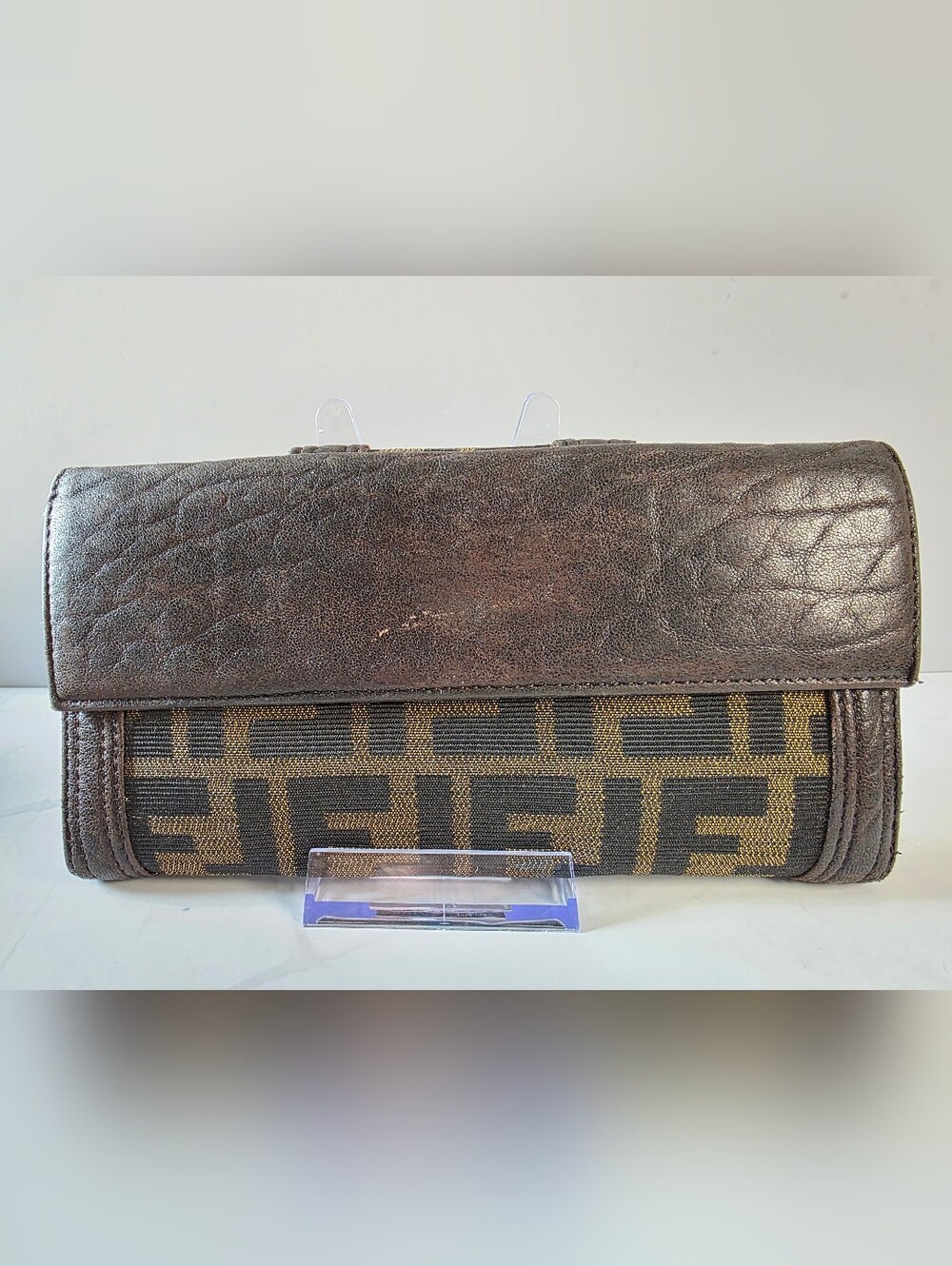 Vintage Fendi Zucca Long Wallet Crescent Clasp + Entrupy COA + Box - Picture 3 of 8